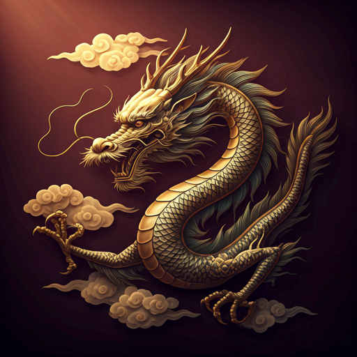 A majestic golden Eastern dragon weaving through crimson clouds
