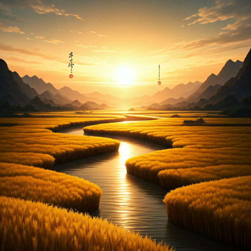 A golden river flowing through fields at sunrise