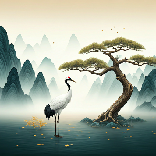 Crane beside an ancient pine overlooking misty mountains