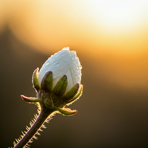 A flower bud awakening in warm sunrise light