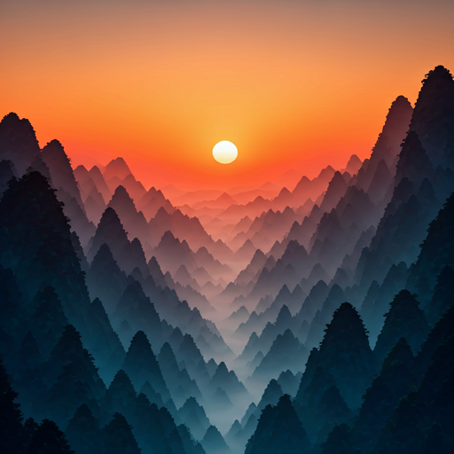 Sunrise over layered mountains